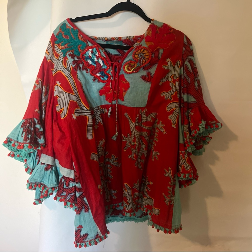 Antica Sanatoria Italian Blouse With Pom Poms , Fringe And Flared Sleeves - Picture 6 of 7